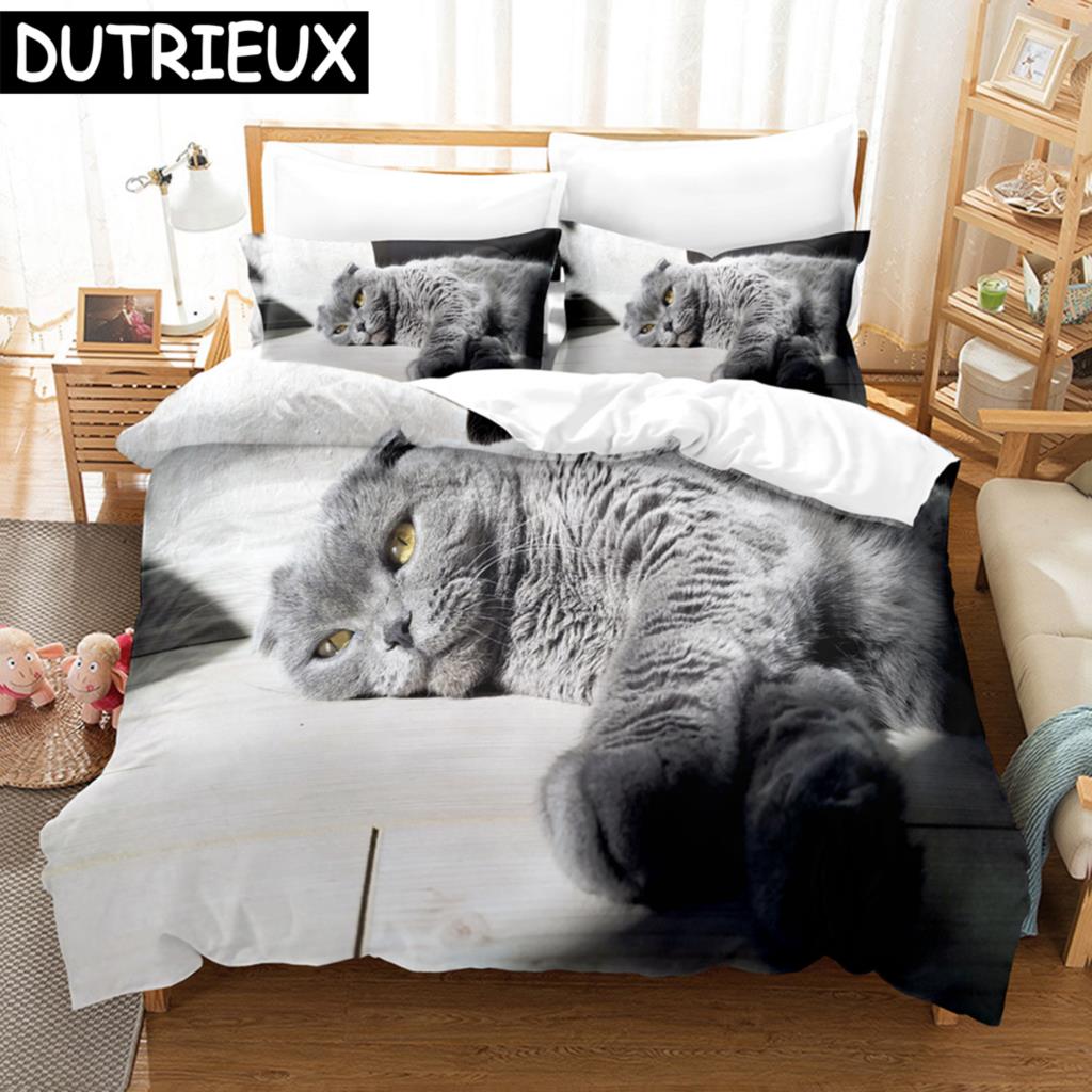 3D Cat Bedding Set Scottish Fold Lovely Cats Printed Comforter Duvet Cover Queen King Single Size Home Textile Bedroom Decor