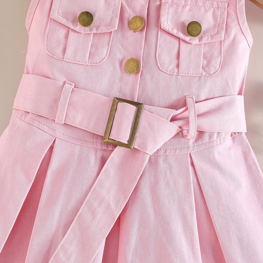 Girls' Solid Color Sleeveless Belted Dress