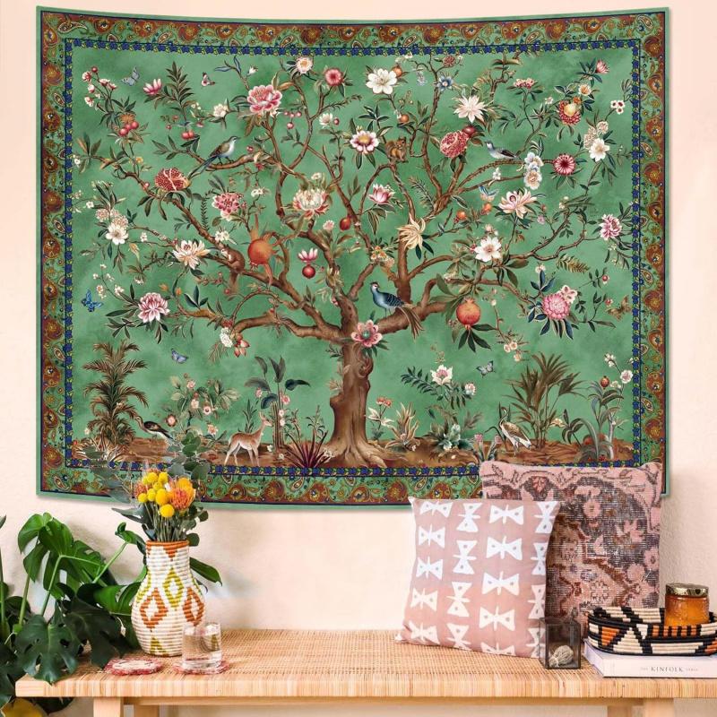 VIKAMA Bohemian Tree of Life Tapestry Vintage Floral and Animal Motifs Aesthetic Home Decor Suitable for Dorm Rooms