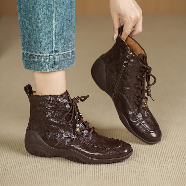 Leather Martin boots women's slope heel lace-up casual boots 2025 autumn and winter models square head side zipper hand grab versatile short boots