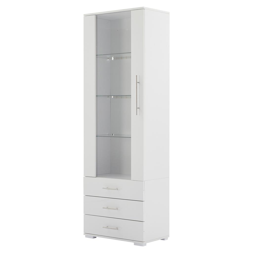 Vit högglansig montr, glasmontr, fristående montr med LED-belysning, vertikal med 3 lådor, 60*35*180cm