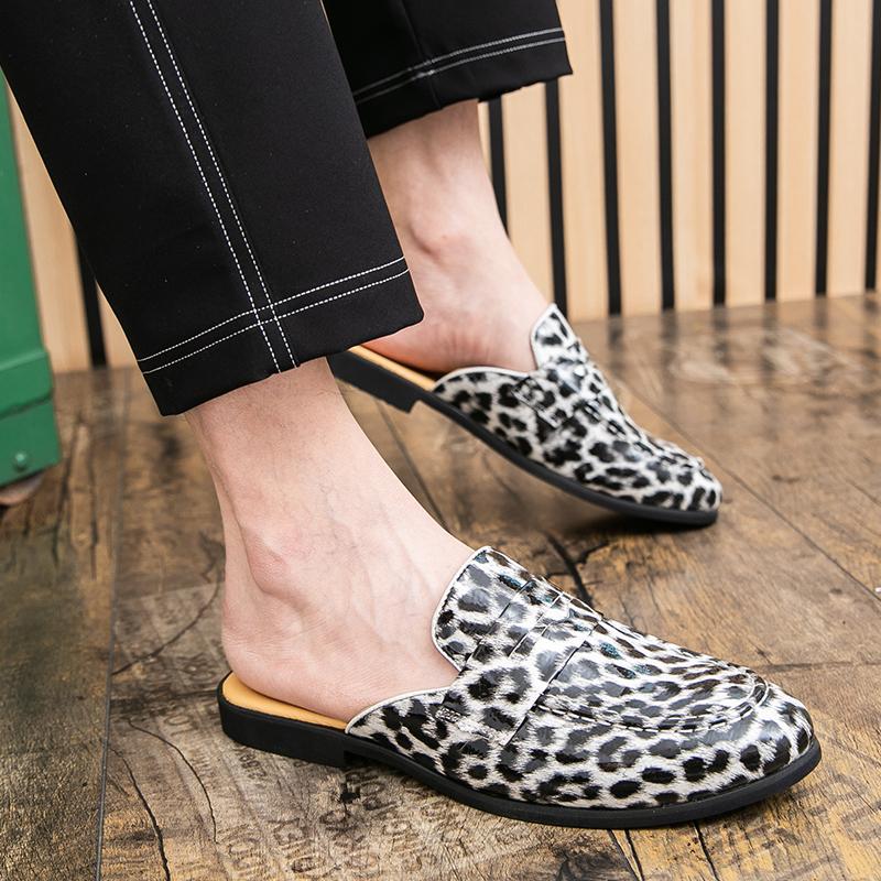Men's Large Size Leopard Print Slip-On Loafers Breathable Open Back Casual Summer Sandals Comfortable Non-Slip Outdoor Slippers