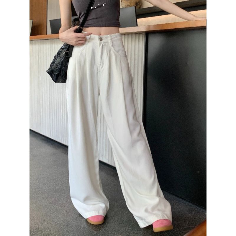 White Loose Summer High Waist Drape Mop Wide Leg Pants