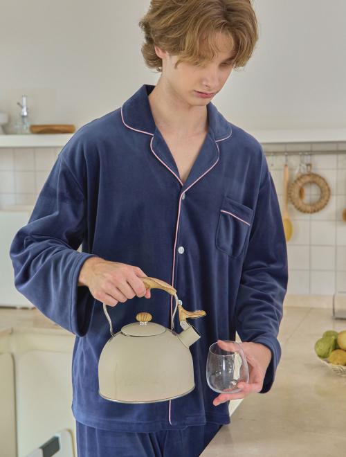 [LUNALUZ STUDIO] Men's Ronique Mink Span Long Sleeve Collar Neck Two-piece Pajamas [Shipped from Korea] 100% Authentic