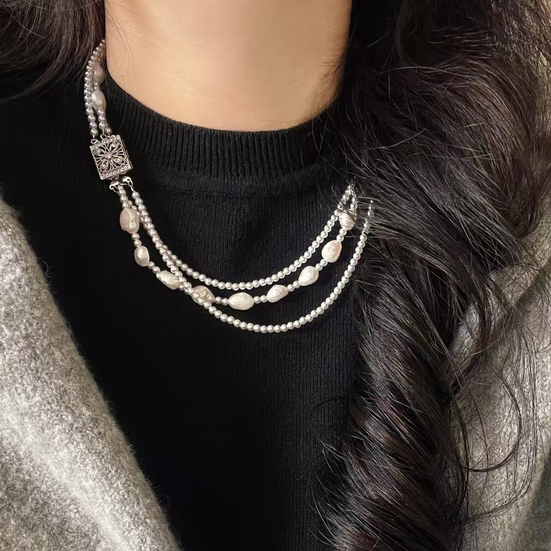 Vintage Lazy Design Natural Baroque Freshwater Pearl Artificial Crystal Pearl Multilayer Clavicle Chain Item
