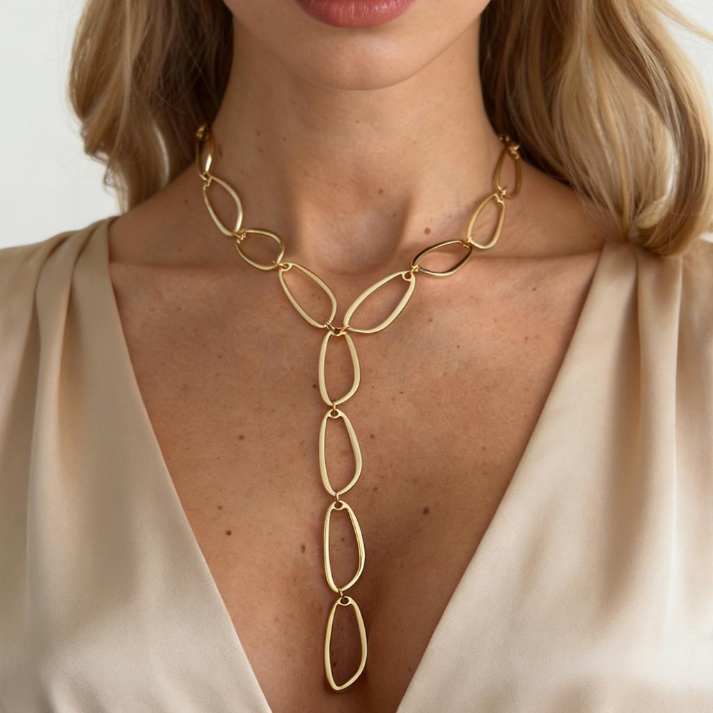 Punk Style Metal Oval Splicing Y-Shaped Necklace, Fashionable Geometric Hollow Stacked Wearing Long Neckline Women
