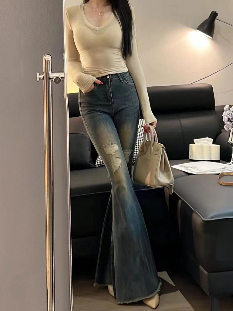 Hot Girl Retro Fishtail Flared High Waist Ripped Jeans