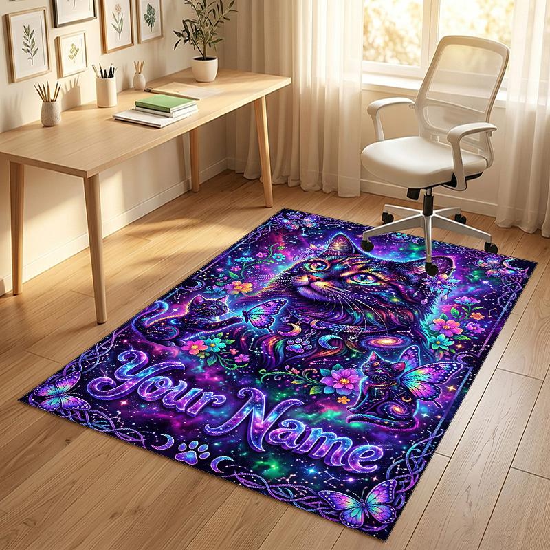 Cat Theme Crystal Velvet Rug Personalized Custom Name Text Soft Floor Mat Home Decor