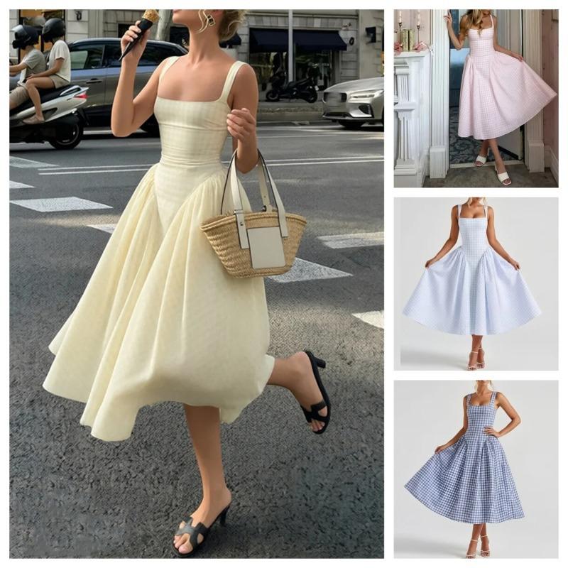 Plaid Printed Spaghetti Strap Sexy A Line Dress Women Elegant Summer Dress Backless Party Midi Dress Vestidos