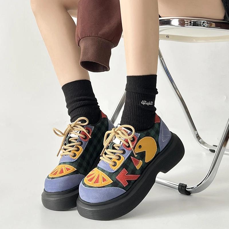 Fashion Women Mixed Color Chunky Heel Ankle Boots Fashion Ladies Walking Sneakers Colorful Expression Patches Soft-soled Platform Shoes