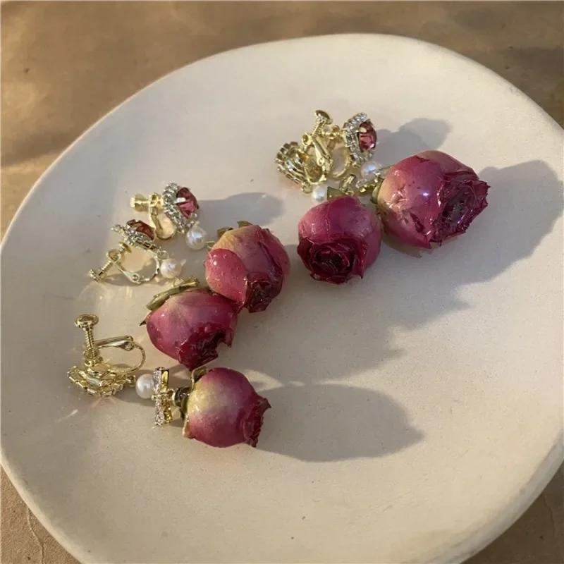 Retro Natural Real Flower Eternal Flower Earrings Niche Design Sense Freshwater Pearl Femaleaint for Women Long Earrings Jewelry