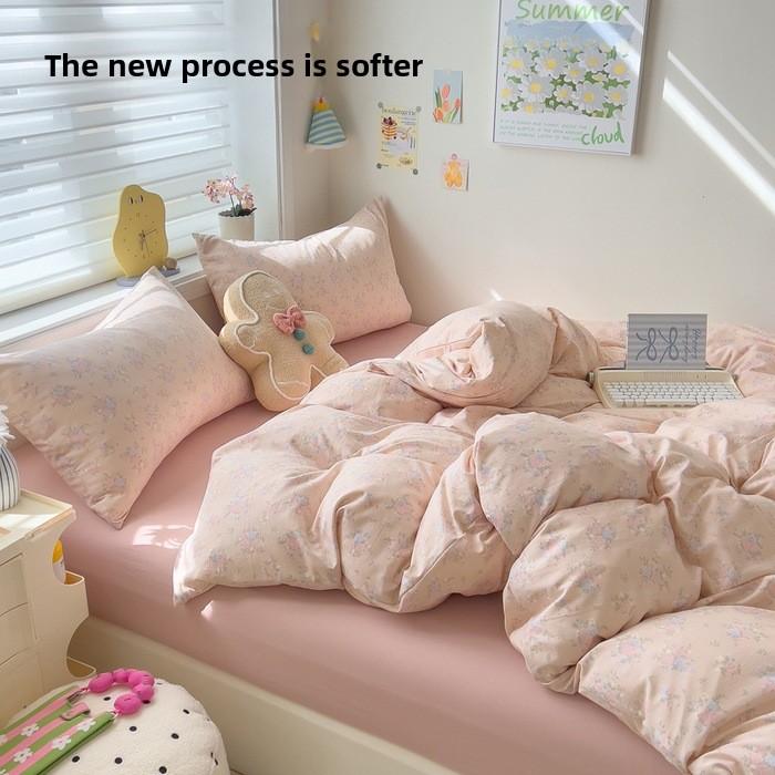 A-class cotton wash set, four-piece set with double-layered gauze bedsheet, duvet cover, and bed skirt, suitable for all seasons