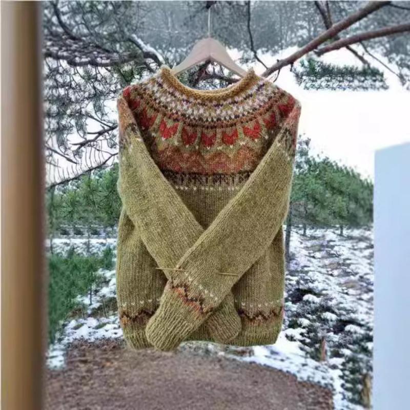 Зимние новые повседневные пуловеры с длинным рукавом и принтом женские свитера с круглым вырезом модные свободные вязаные свитера для женщин элегантные винтажные мягкие теплые джемперы 25788 S зелёный 3200₽