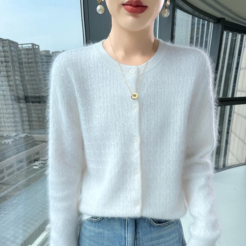 Women's Retro Cable Knit Mink Velvet Cardigan - Round Neck, Long Sleeve, Loose Fit, Short Sweater Coat