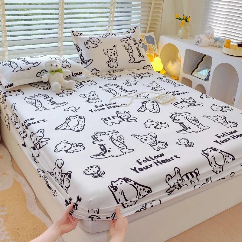 Cartoon Style Rabbit Fitted Sheet Set Skin-friendly Breathable Non-slip Bed Cover with 2 Pillowcases Bedding Set for Boys Girls