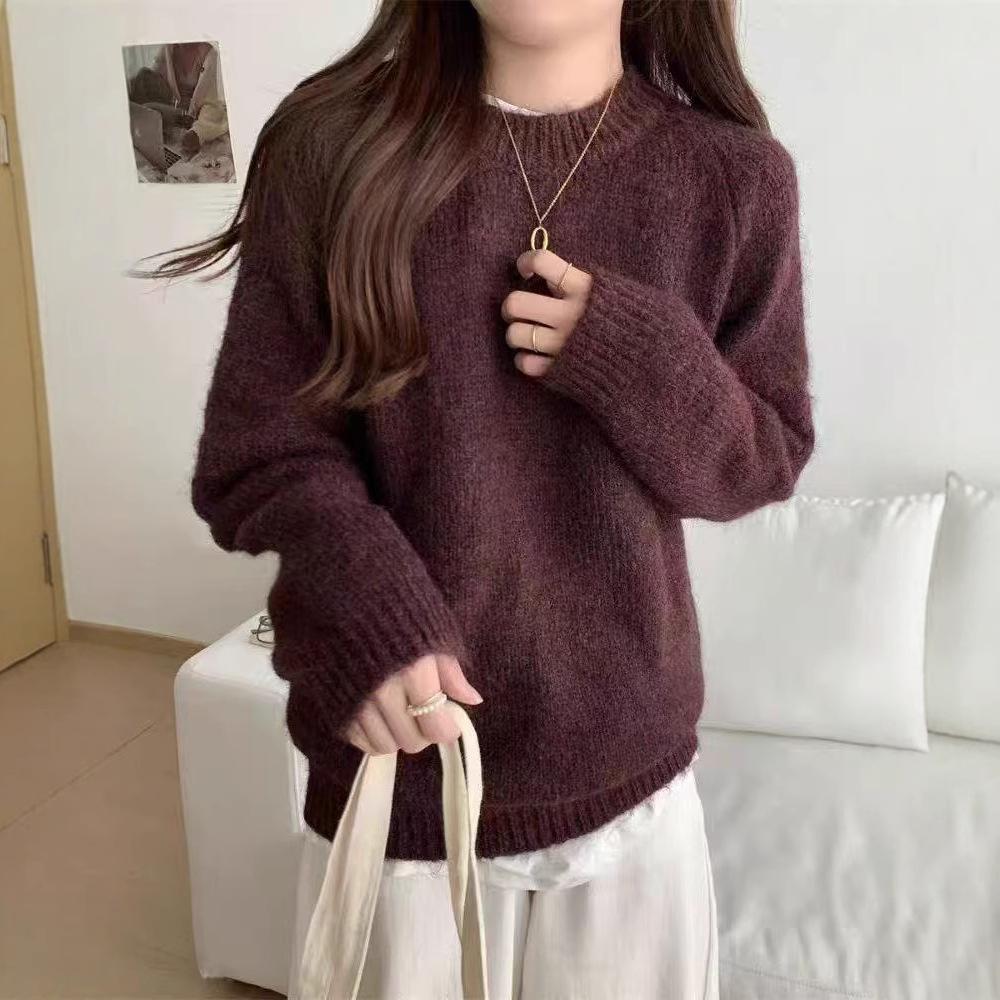 Round Neck Raglan Long Sleeved Mixed Color Plush Loose Pullover Women's Casual Sweater Pullover