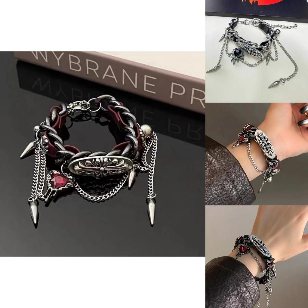 Y2k Gothic Punk Red Leather Bracelet Alloy Electroplated For Men And Women