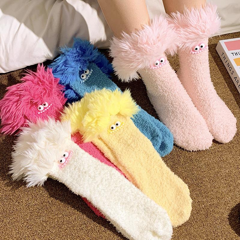 Funny Big Mouth Monster Plush Socks Cartoon Creative Warm Plush Thick Coral Velvet Sleeping Socks Winter Women Socks Gifts
