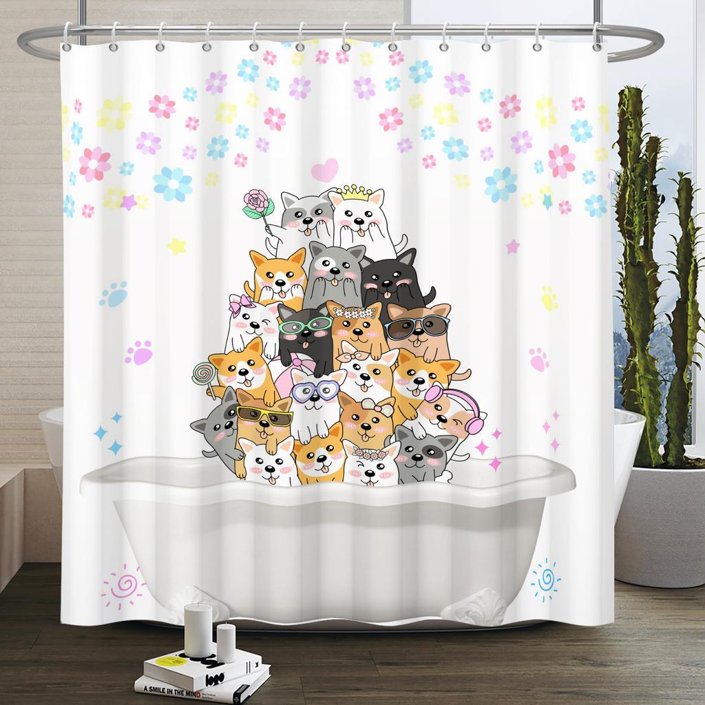 Minimalist Comics Shower Curtain Cute Cats Funny Cat Bath Scene Decor Waterproof Polyester Bathroom Curtain Set with 12 Hooks