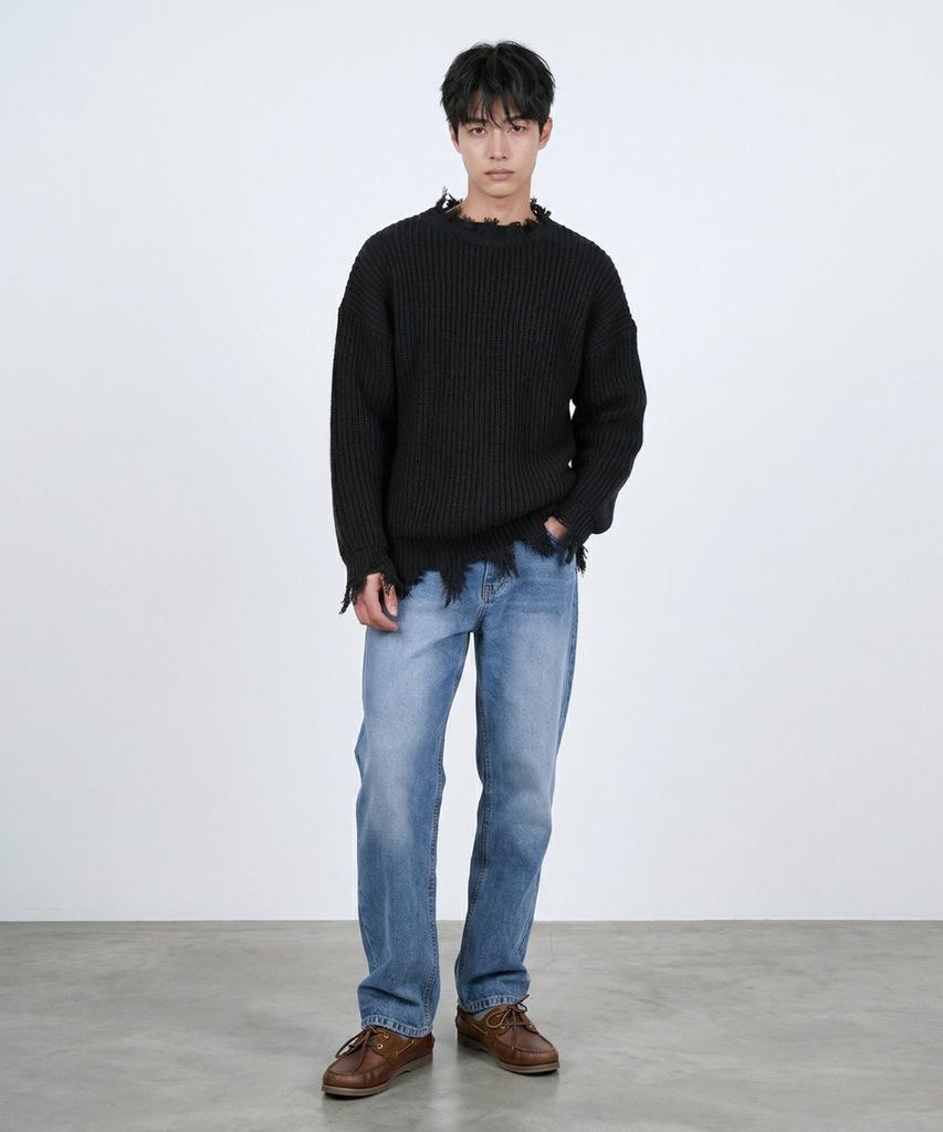 JOJILONG Jn323 Distressed Knit Sweater - Black