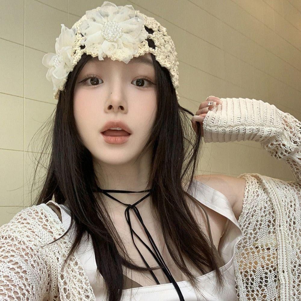 Flowers Beret Cap Lace Skullies Hat Breathable Knitted Hat  for Women