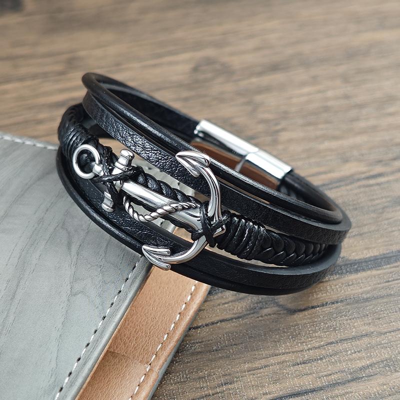 Punk Arrow Entanglement Design Men Jewelry Leather Braided Bracelets Stainless Steel Black Bracelets Fashion Male Bangle