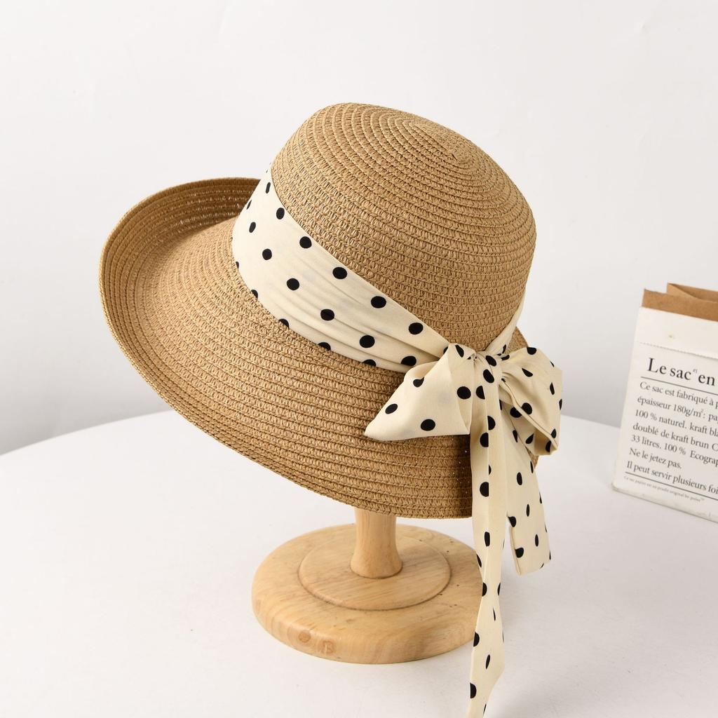 New Straw Hat Women's Summer Sun Protection Big Eaves Hat Front Upturned Elegant Sun Hat Polka Dot Bow Outdoor Beach Hat
