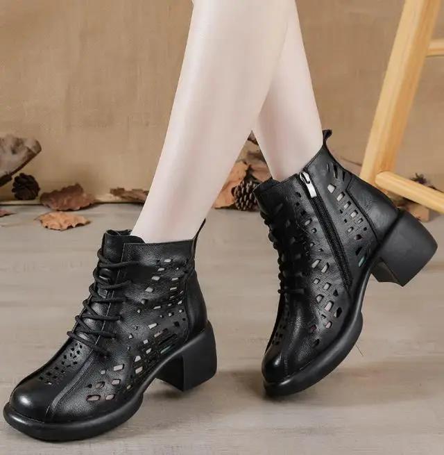 Fashion 5.5CM New Women Summer Ankle Boots Breathable Hollow Thick High Heel Casual Shoes Fashion Genuine Leather Retro Short Boots