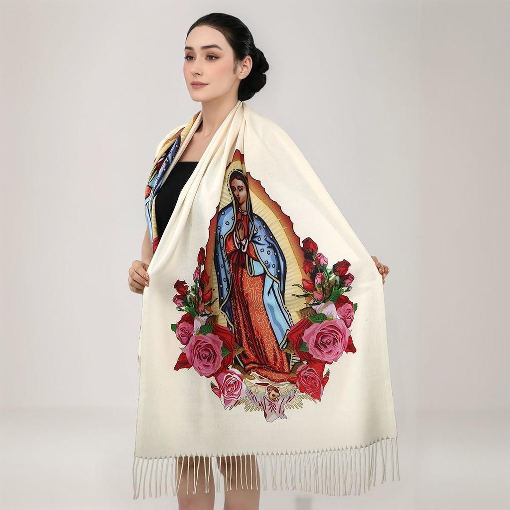 Winter Catholic Virgin Mary Tassel Scarf Long Cashmere Shawl Wrap For Women Custom Soft Lady Of Fatima Ladies Scarves 180*70Cm