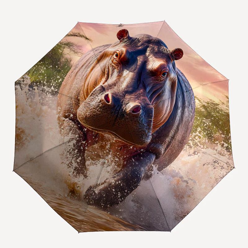 

1pc Hippopotamus Water Splashing One Umbrella a Plastic Hle, Compact Stylish, with a Vibrant Cartoon Pattern, Perfect Home, Travel