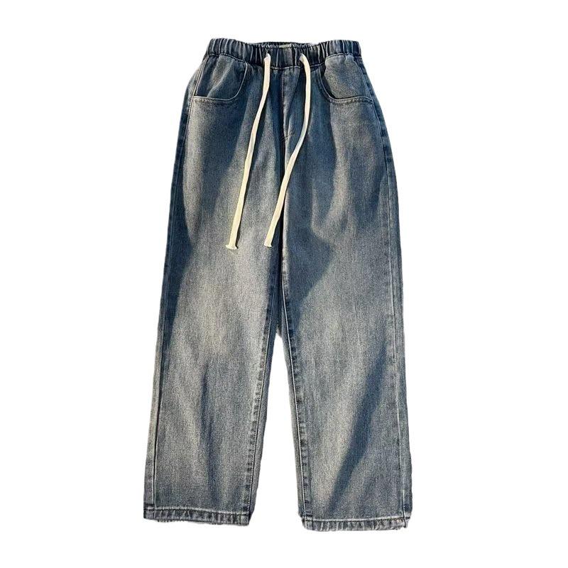 Women's Light Blue Elastic Waist Drawstring Jeans - Slim, Loose, Straight, Wide-Leg Casual Pants for Spring & Autumn