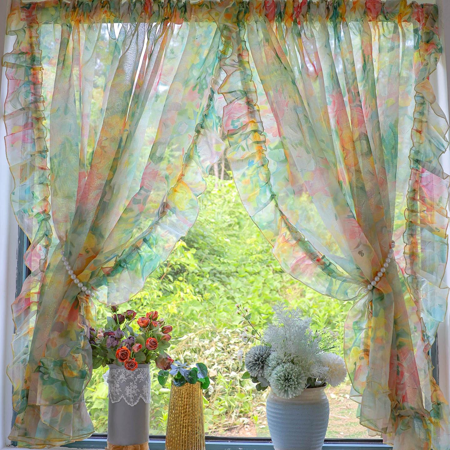 

Romantic Floral Sheer Curtains for Girls Bedroom, Vintage Printed Light Filtering Privacy Semi-Sheer Sweet Ruffle Edge Curtains 2 Panels, Rod Pocket 100 x 125cm