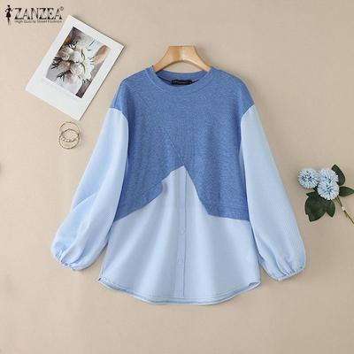 Women Casual Round Neck Long Sleeve Loose Patchwork Blouse
