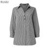 ZANZEA Womens 3/4 Sleeve Plaid Shirt Casual Button Down Lapel Neck Blouse