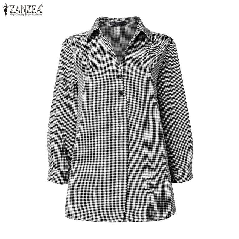 ZANZEA Womens 3/4 Sleeve Plaid Shirt Casual Button Down Lapel Neck Blouse