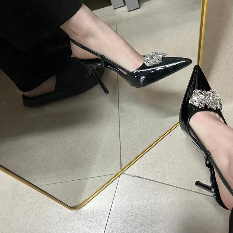 Beautiful rhinestone black high heels women's fashion sexy thin heels pointed head shallow mouth celebrity temperament single shoes patent leather