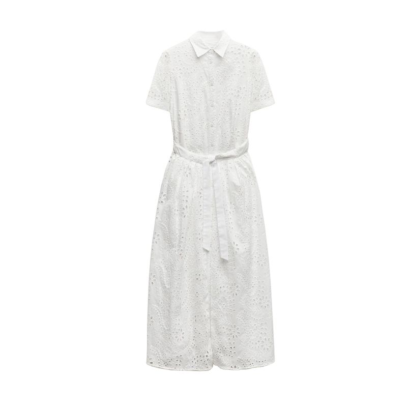 Spring New French Design Elegant Sweet Tie-Neck Waist Embroidered Shirt Style Dress 2614271