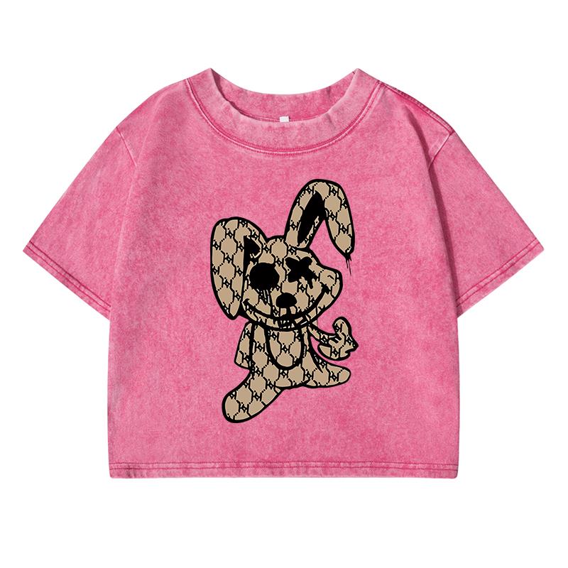 Cute Rabbitprinting Women Wash Short T Shirt Summer Breathable Street Tees Casual Distress Midriff-Baring Tops Female