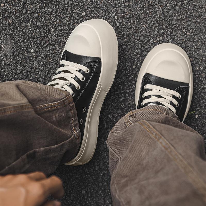 European Shoes for Men Genuine Leather Casual Platform Shoes Trend Thick-soled Flat Skateboard Shoes Lace-up Chunky Sneaker