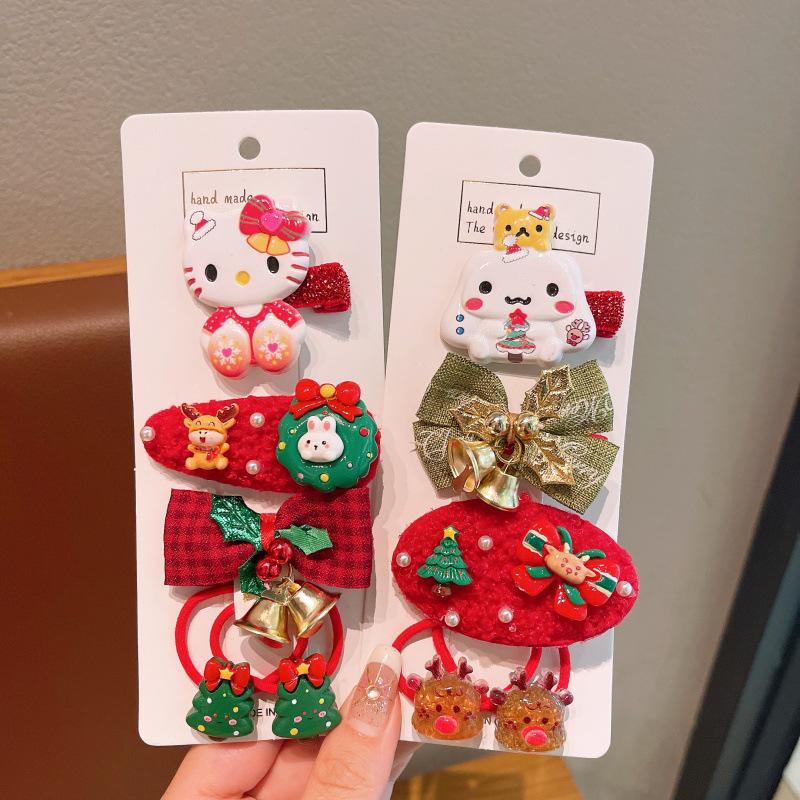 Festive Red Cartoon Hair Clips & Ties Set for Women & Kids - Autumn/Winter Accessories