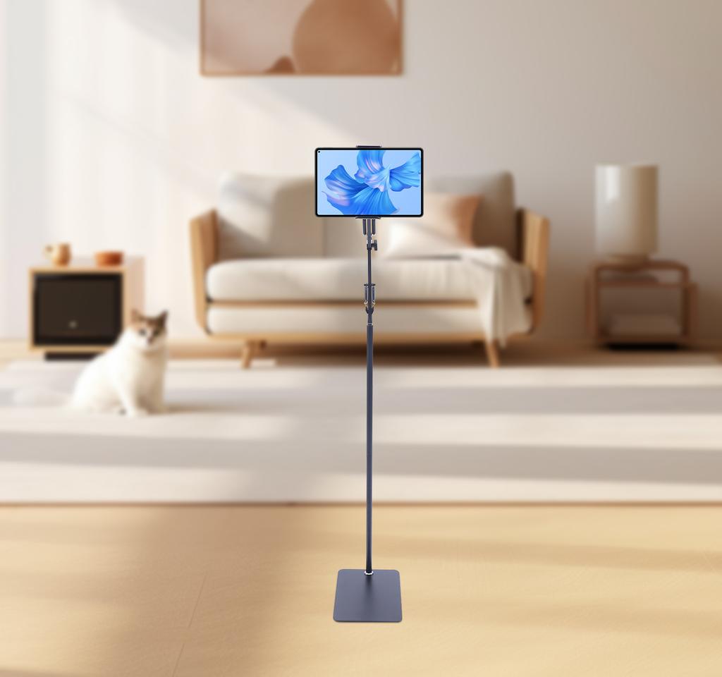 Height Adjustable Floor Stand for Tablet & Phone, 360° Rotating IPad Holder, Modern Black Carbon Steel Stand for Bedroom, Office