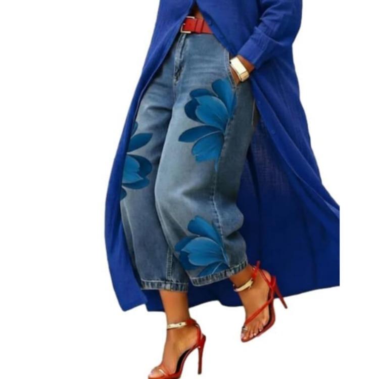 Women's Jeans - High Waist Wide Leg Denim Pants Women Floral Print Casual Loose Fit Comfortable Bottoms Suitable for Every Occasion