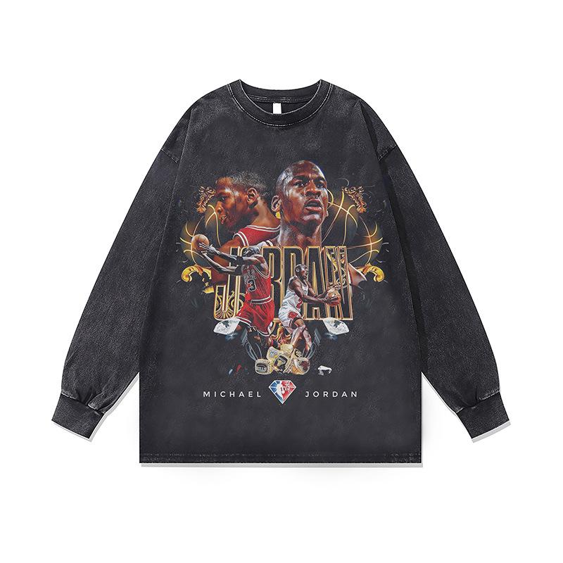 Heavy Weight Cotton Long-Sleeved T-Shirt Men'S And Women'S Retro Cartoon Print Washed Old Vintage Top