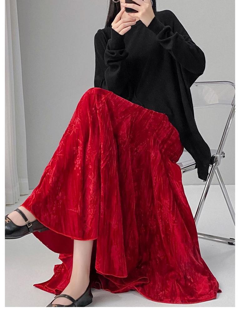 Autumn Winter Chinese Style Mermaid Half and Full-Length Skirt with Solid Color Print