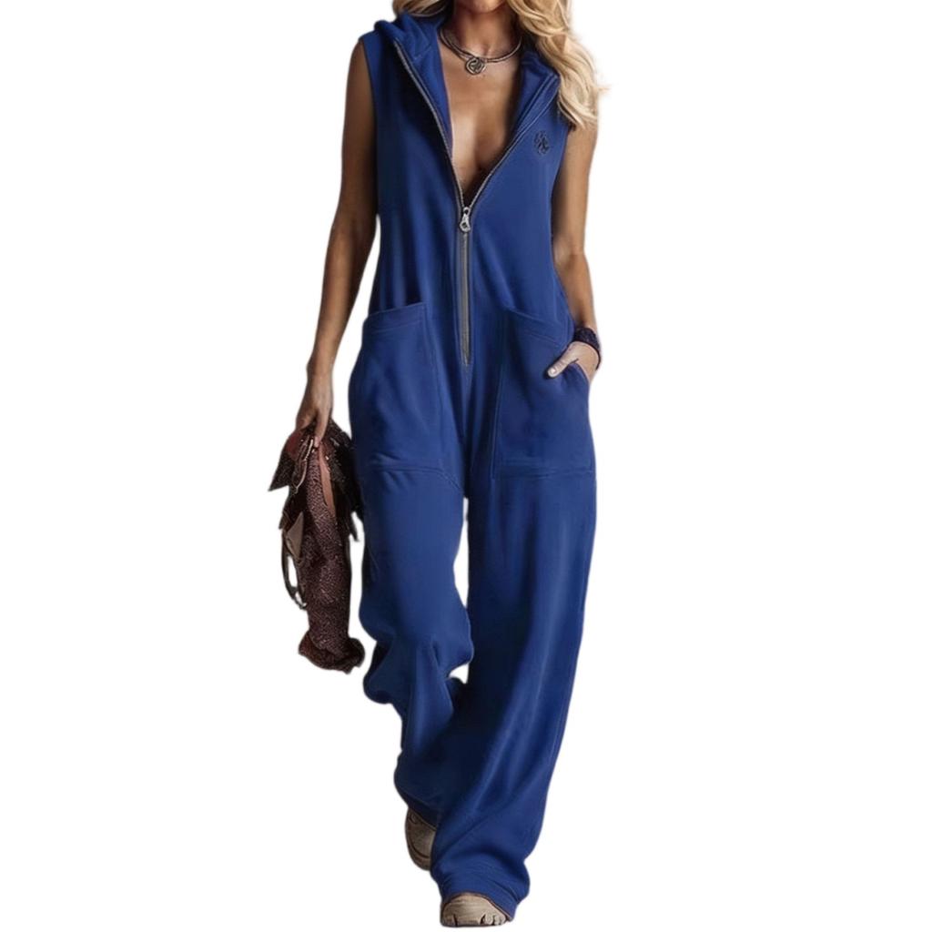 Ärmelloser Kapuzen-Jumpsuit für Damen mit V-Ausschnitt und Reißverschluss vorne, lockerer Passform und großen Taschen für den Alltag