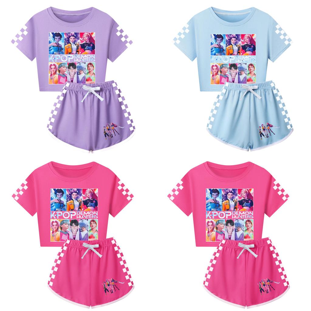 Kpop Demon Hunters Pattern Kids And Adult Pajama Set With Cotton Material And Short Sleeve Design For Lounging