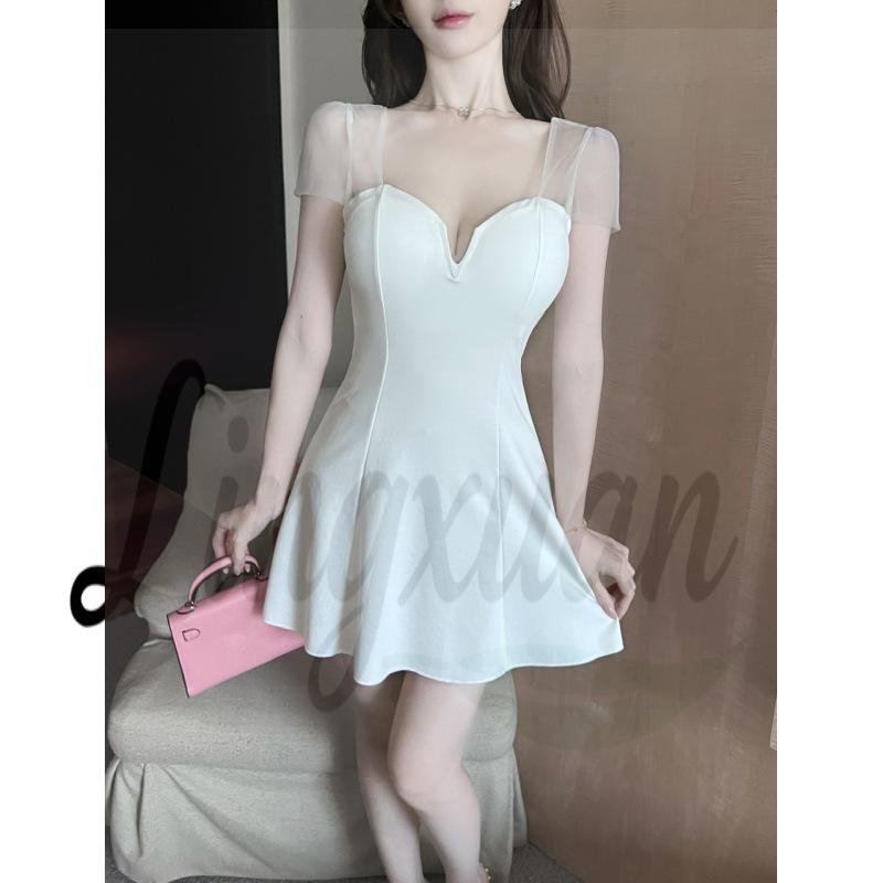 Spicy Girl Women s V-neck Mesh Spliced Low-cut Slimming A-line Dress Small