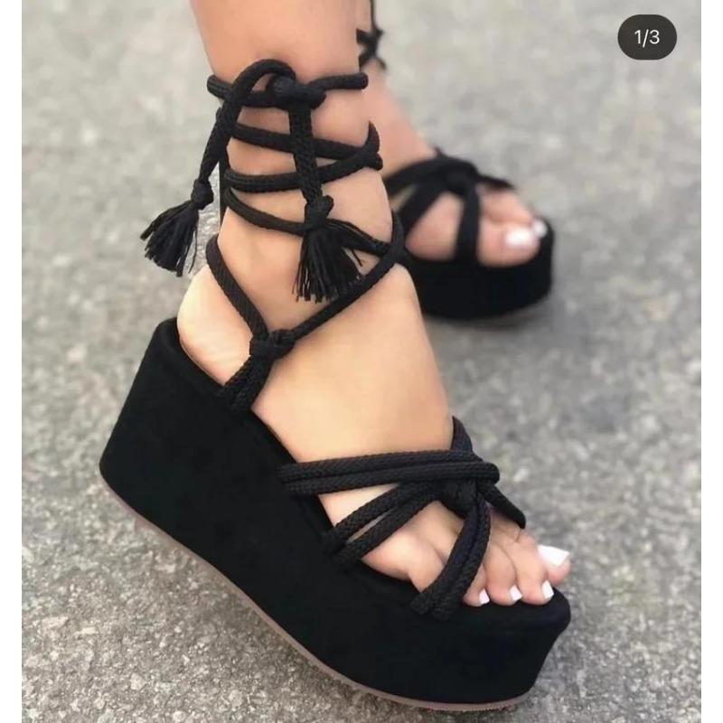 Fashion Summer New Wedge Sandals for Women Round Head Platform Cross Tied Strap Solid Color Height Increase Peep Toe Roman Shoe