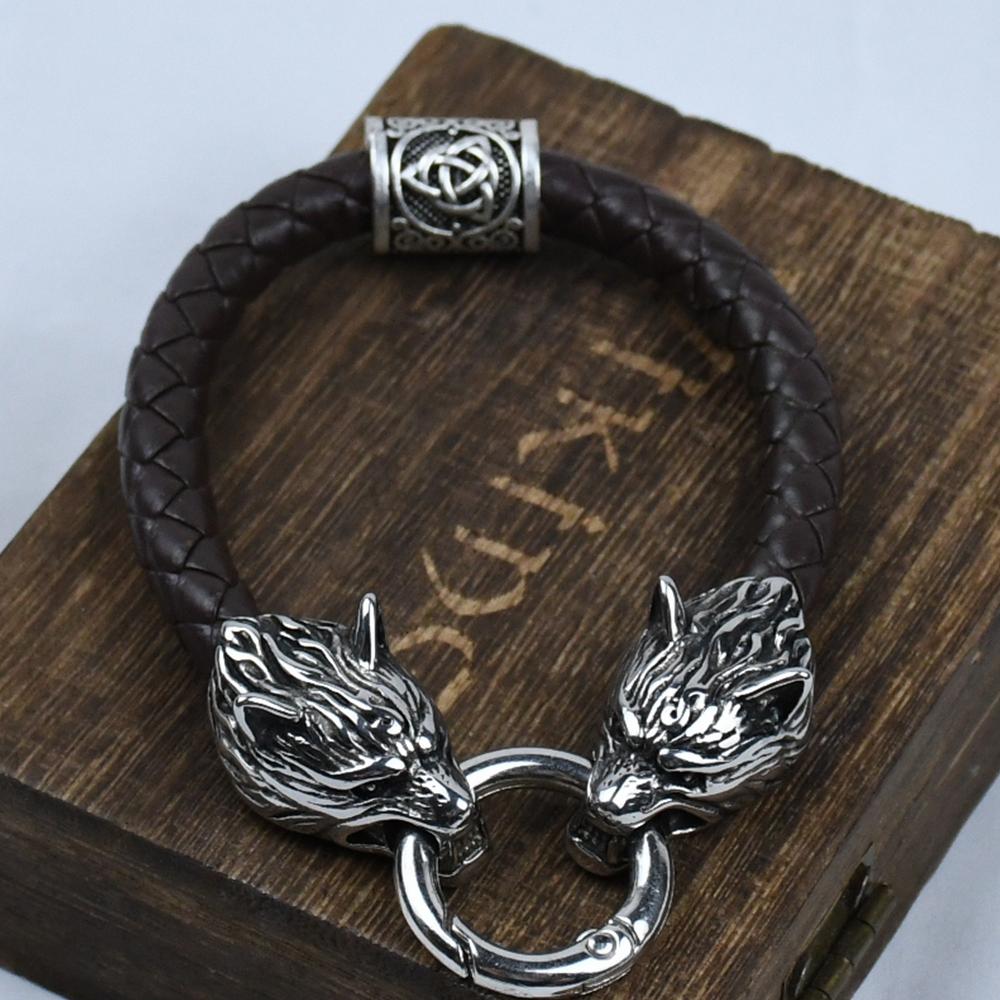 Wolf Head Bracelet Stainless Steel Viking Rune Bead Leather Bracelet Jewelry For Women Men Unisex Gift