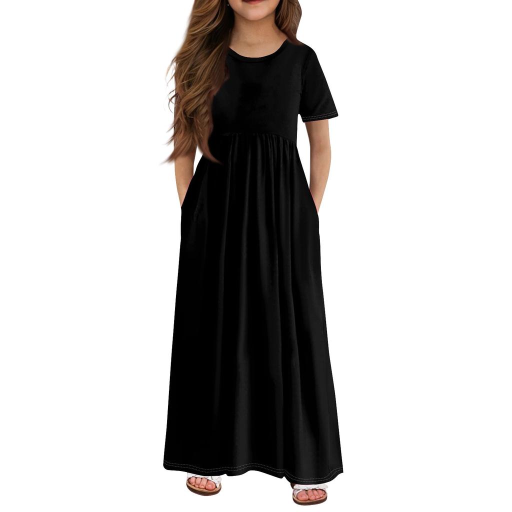 Girls' Long Summer Dress - Short Sleeve Pocket Maxi Dress For 4-14Y